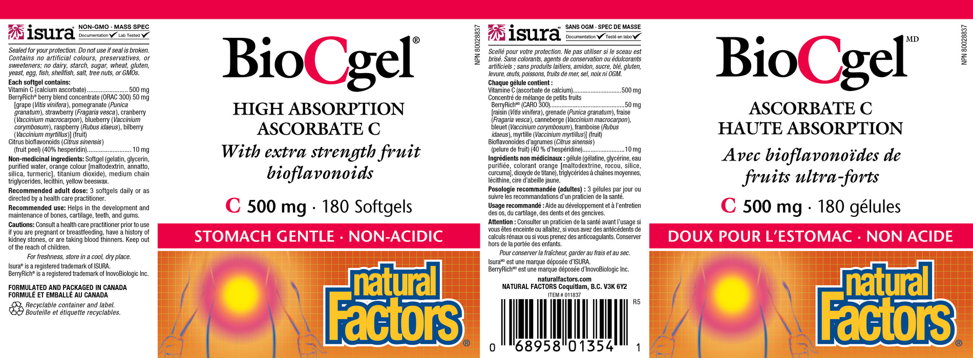Natural Factors BioCgel High Absorption Ascorbate C 500mg 180 Gelatin Softgels