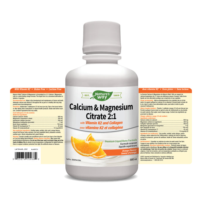 Nature's Way Calcium & Magnesium Citrate 2:1 with Vitamin K2 & Collagen - Orange 500ml