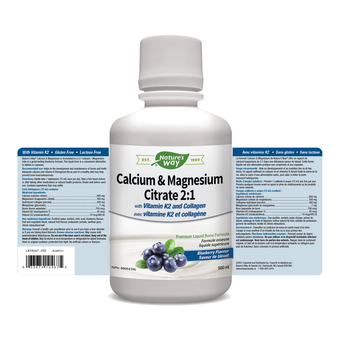 Nature's Way Calcium & Magnesium Citrate 2:1 with Vitamin K2 & Collagen - Blueberry 500ml