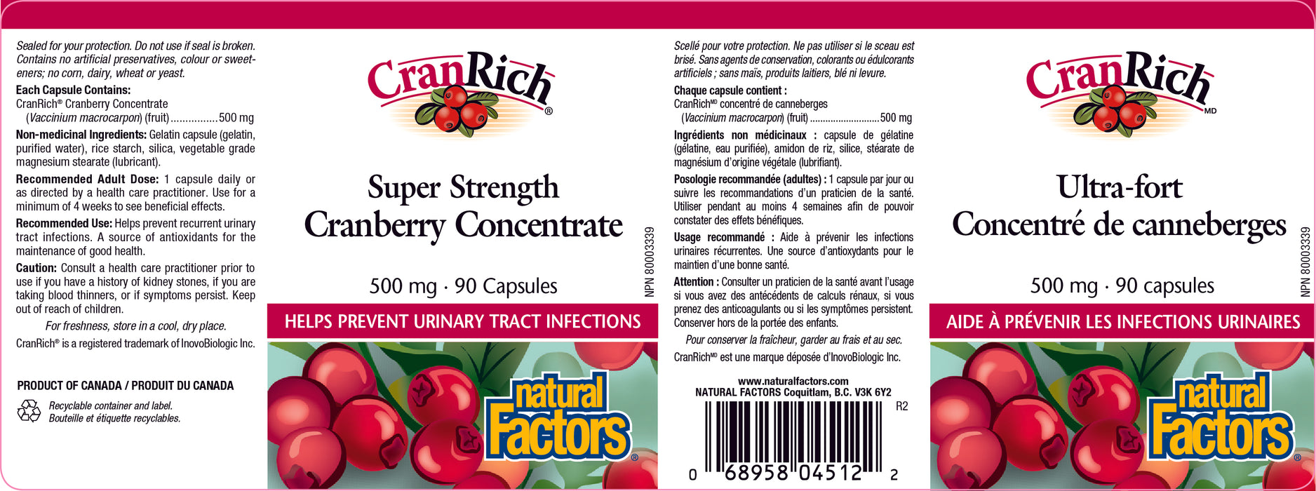 Natural Factors CranRich Super Strength Cranberry Concentrate 500 mg 90 Gelatin Capsules
