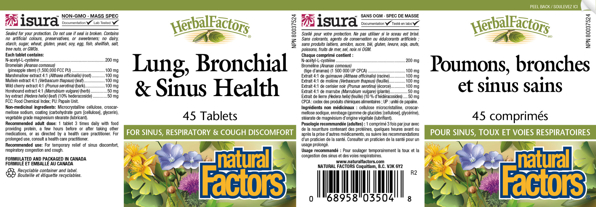 Natural Factors Herbal Factors Lung, Bronchial & Sinus Health 45 Tablets
