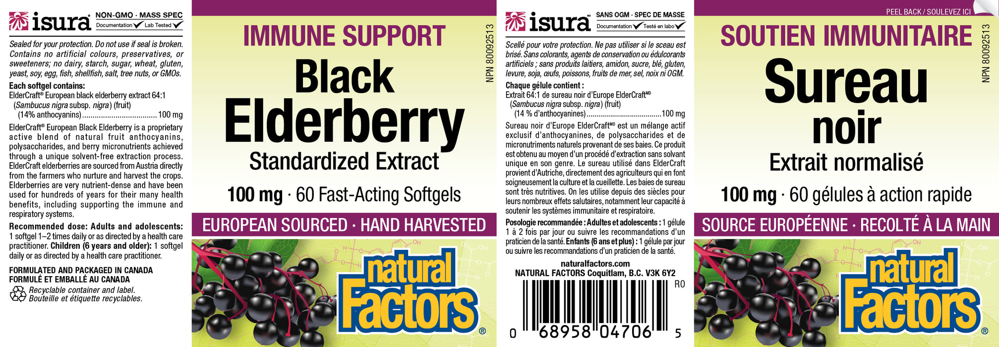 Natural Factors Black Elderberry - 100mg Standardized Extract 60 Fast-Acting Softgels