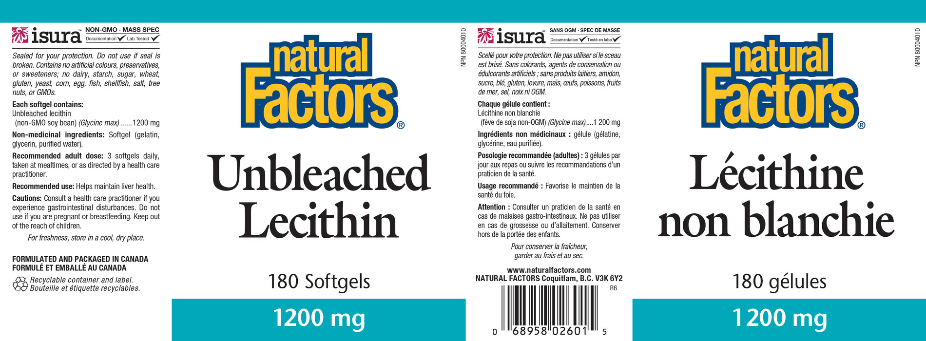Natural Factors Unbleached Lecithin - 1200mg 180 Gelatin Softgels