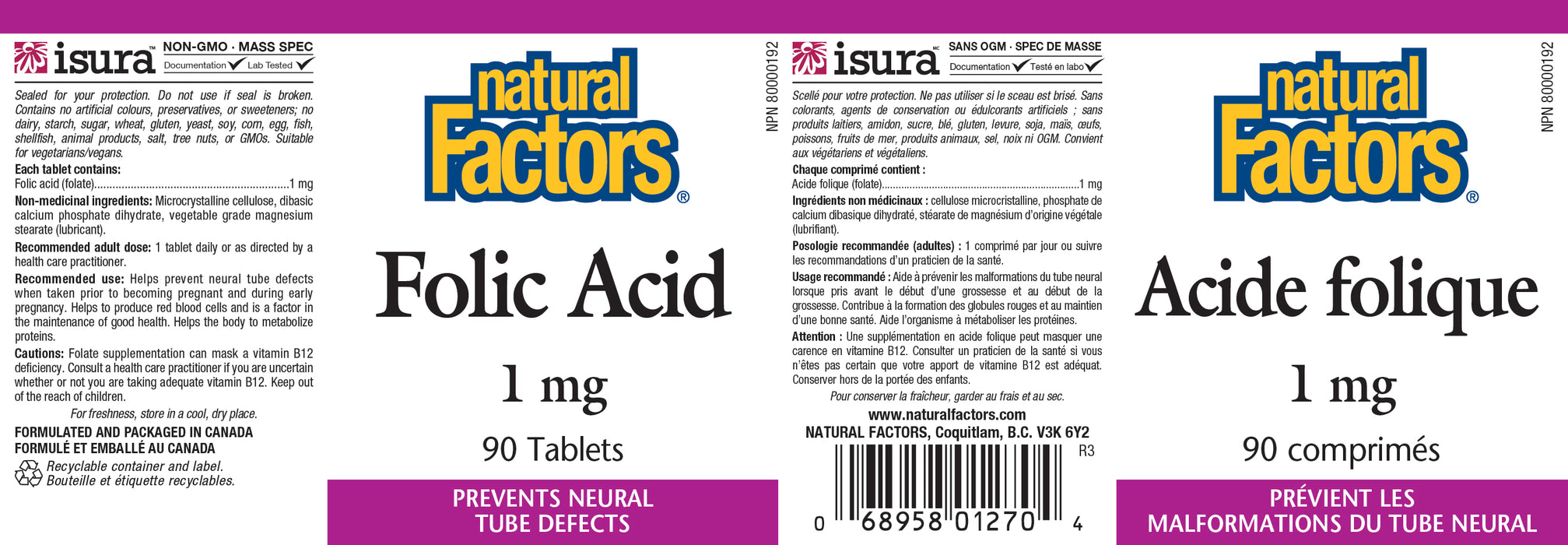 Natural Factors Folic Acid 1mg 90 Tablets