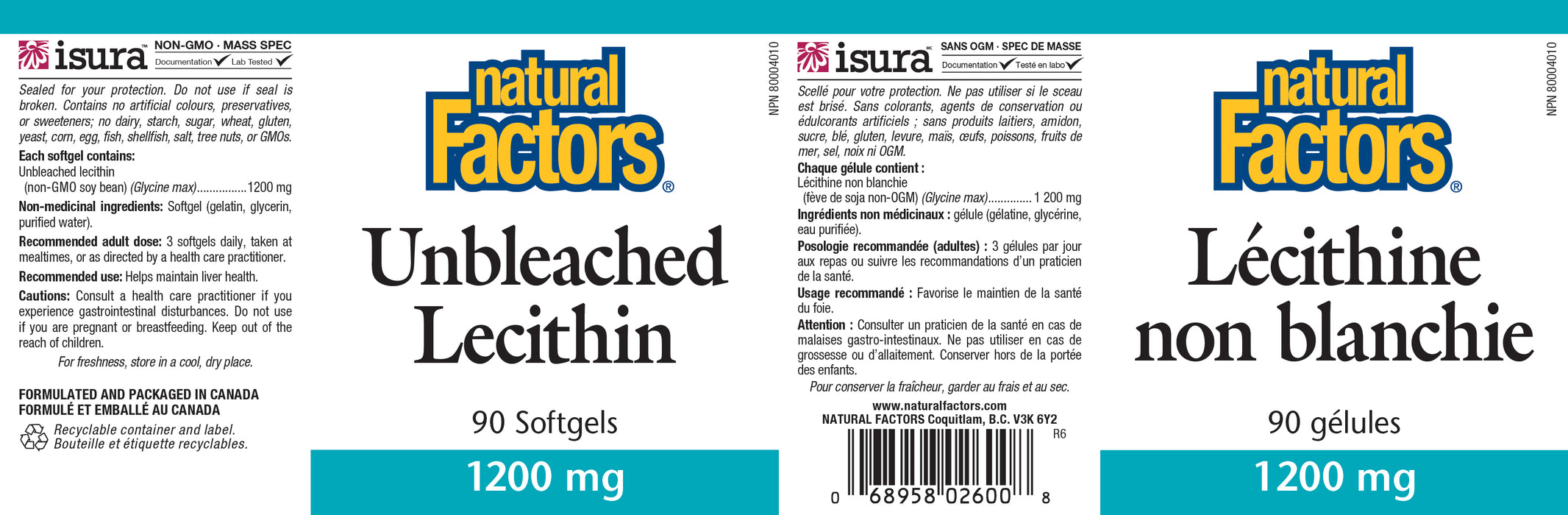 Natural Factors Unbleached Lecithin - 1200mg 90 Gelatin Softgels