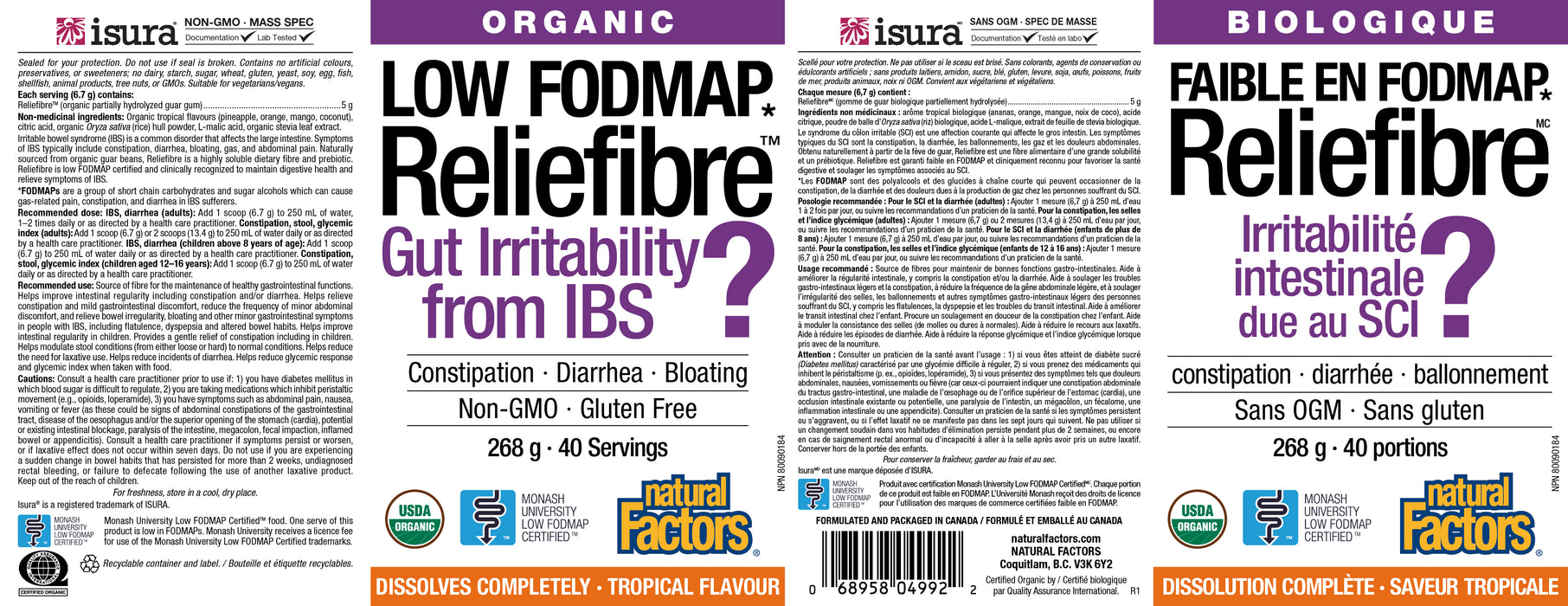 Natural Factors Organic Reliefibre - Low FODMAP - Tropical Flavour 268g