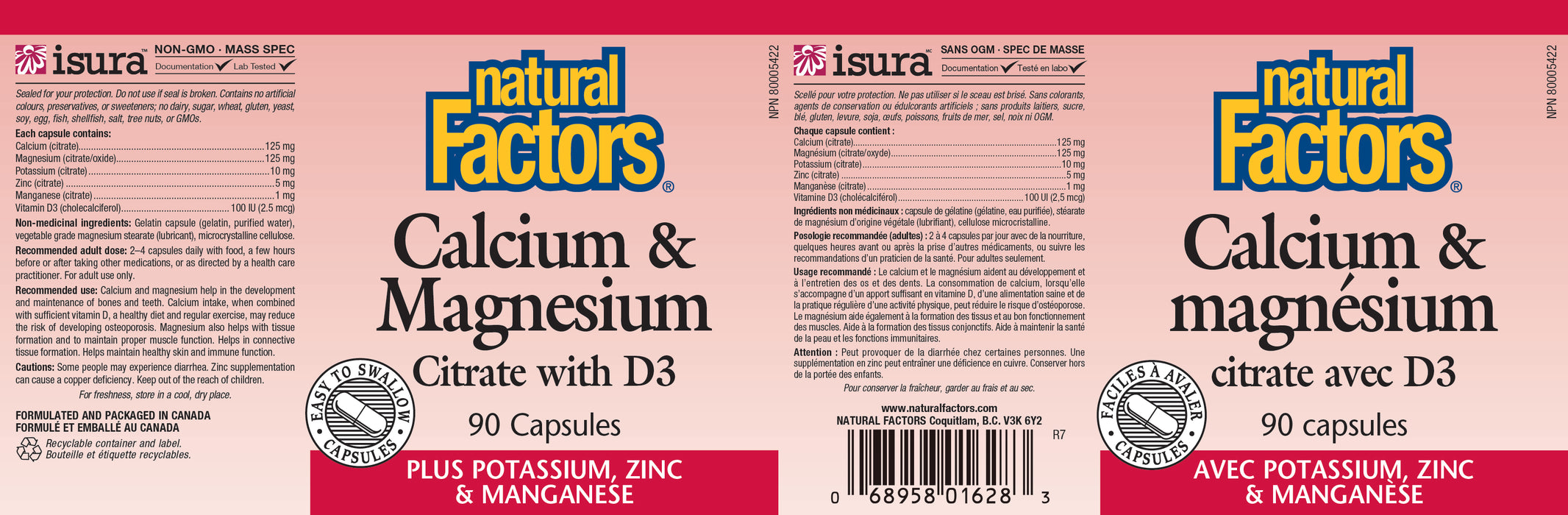Natural Factors Calcium & Magnesium Citrate with D3 - Plus Potassium, Zinc & Manganese 90 Tablets